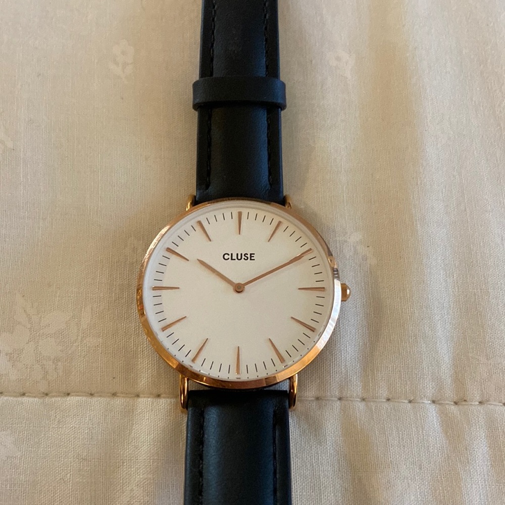 Cluse Rose Gold Black Leather Strap Watch